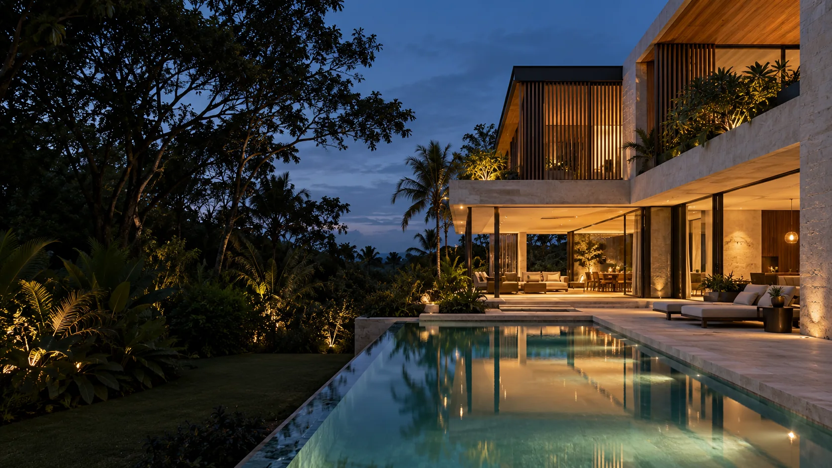 Illustrative contemporary stone and timber residence beside a pool at dusk