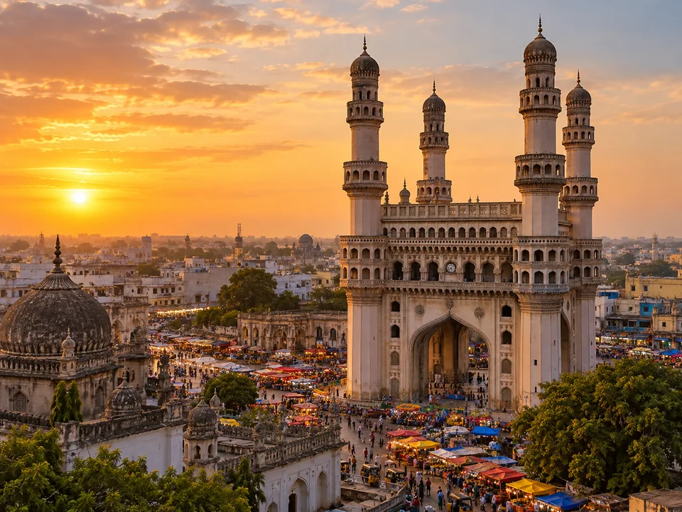 AI illustration of Charminar in Hyderabad at golden hour